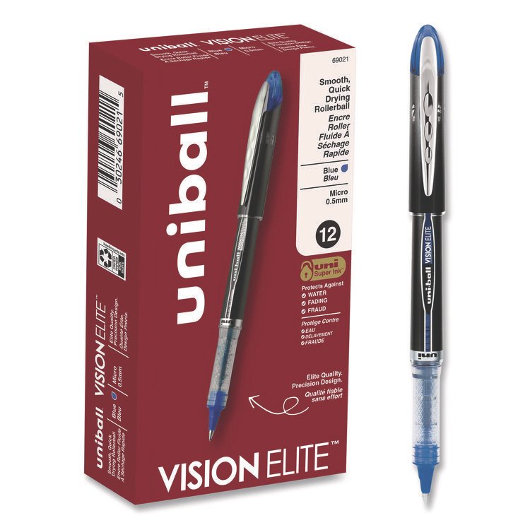 uniball VISION ELITE Hybrid Gel Pen, Stick, Extra-Fine 0.5 mm, Blue Ink, Black/Blue/Clear Barrel (UBC69021)