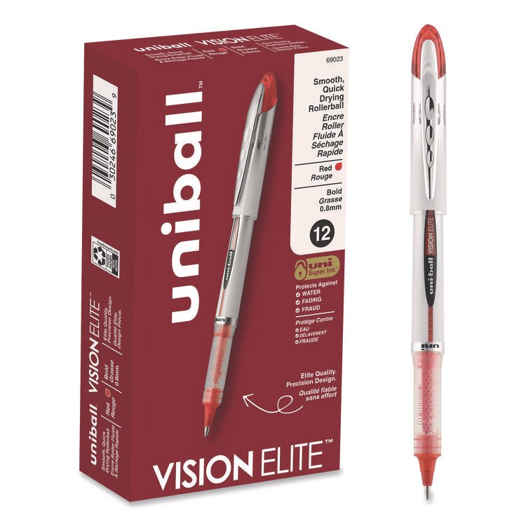 uniball VISION ELITE Hybrid Gel Pen, Stick, Bold 0.8 mm, Red Ink, White/Red/Clear Barrel (UBC69023)