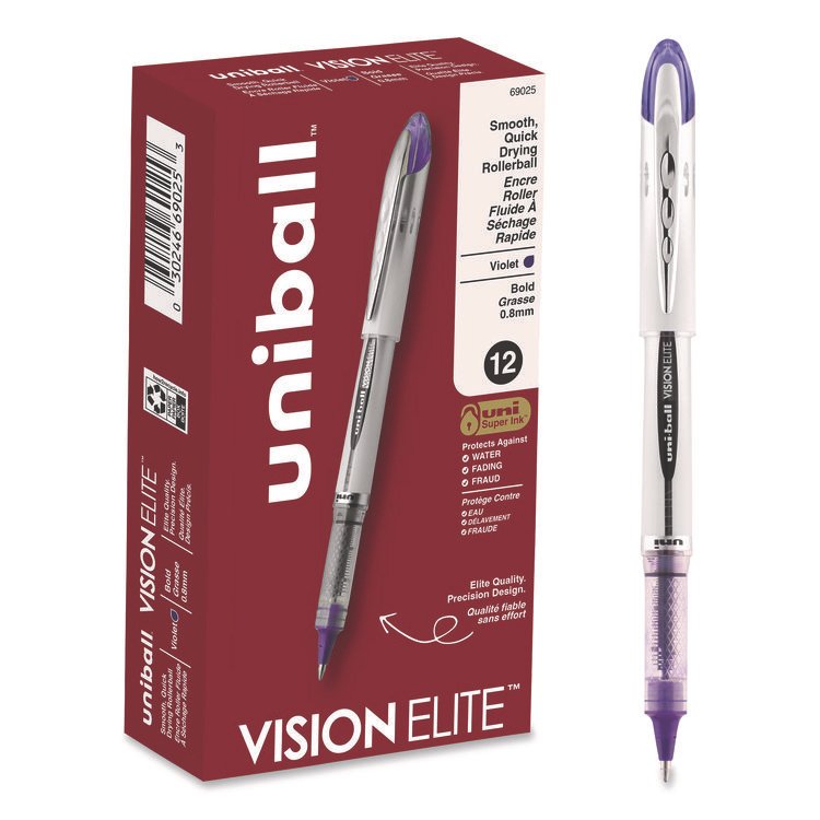 uniball VISION ELITE Hybrid Gel Pen, Stick, Bold 0.8 mm, Violet Ink, White/Violet/Clear Barrel (UBC69025)