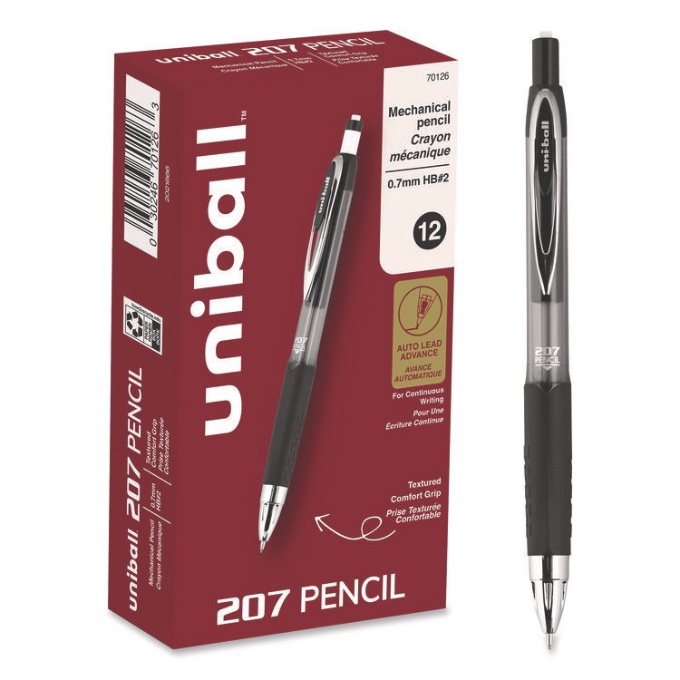 uniball 207 Mechanical Pencil, 0.7 mm, HB (#2), Black Lead, Black Barrel, Dozen (UBC70126)