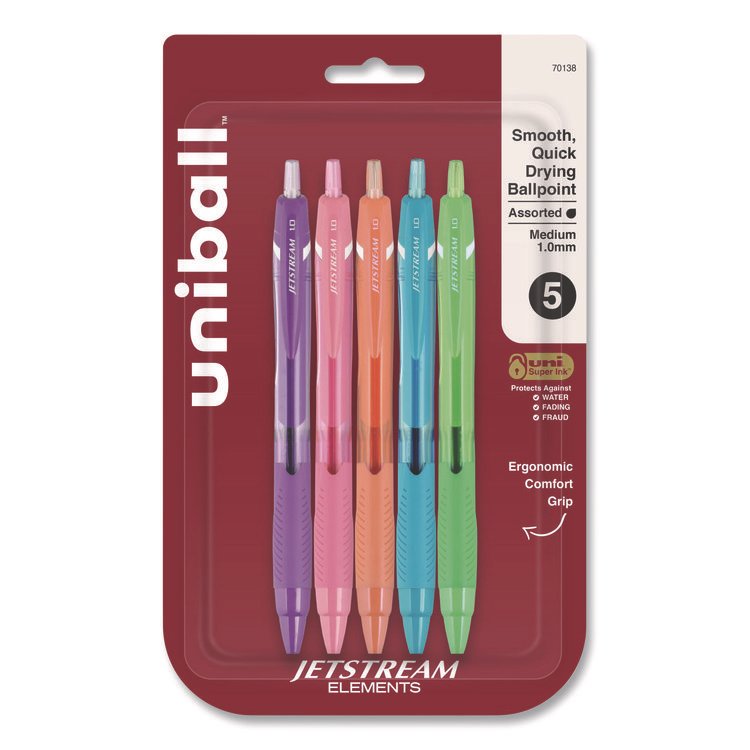 uniball Jetstream Elements Hybrid Gel Pen, Retractable, Medium 1 mm, Assorted Ink and Barrel Colors, 5/Pack (UBC70138)