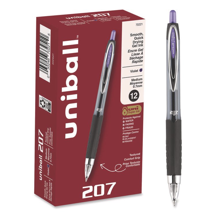 uniball Signo 207 Gel Pen, Retractable, Medium 0.7 mm, Violet Ink, Smoke/Black/Violet Barrel, Dozen (UBC70221)