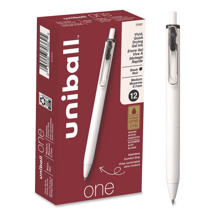 uniball uniONE Gel Pen, Retractable, Medium 0.7 mm, Black Ink, White/Black Barrel, Dozen (UBC70362)