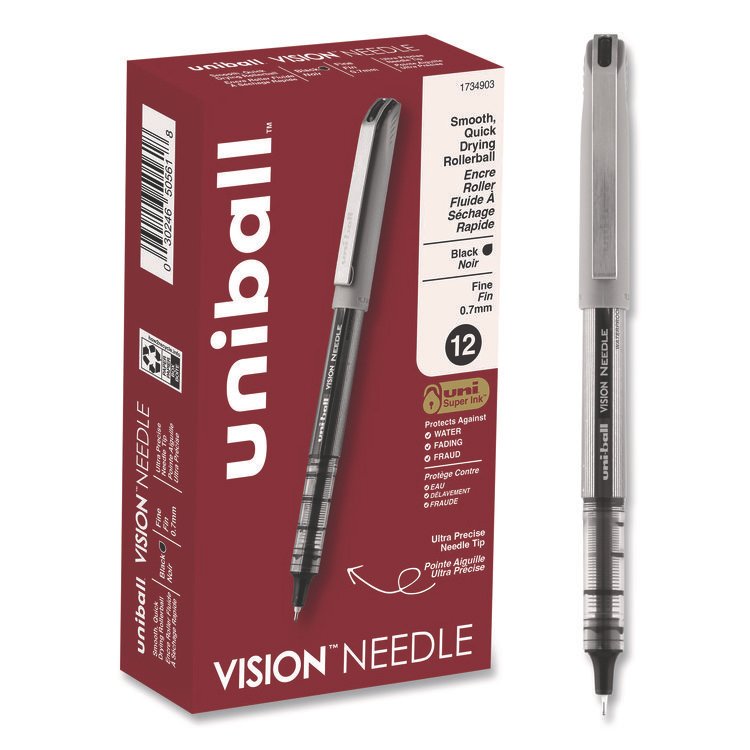 uniball VISION Needle Rollerball Pen, Stick, Fine 0.7 mm, Black Ink, Gray/Clear/Black Barrel, Dozen (UBC1734903)