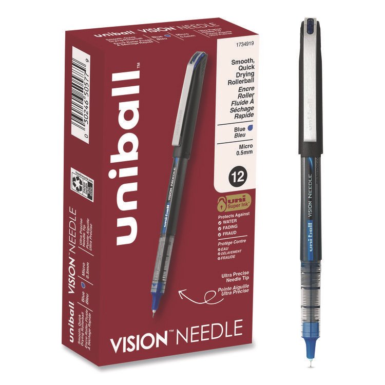 uniball VISION Rollerball Pen, Stick, Extra-Fine 0.5 mm, Blue Ink, Black/Blue/Clear Barrel, 12/Pack (UBC1734919)