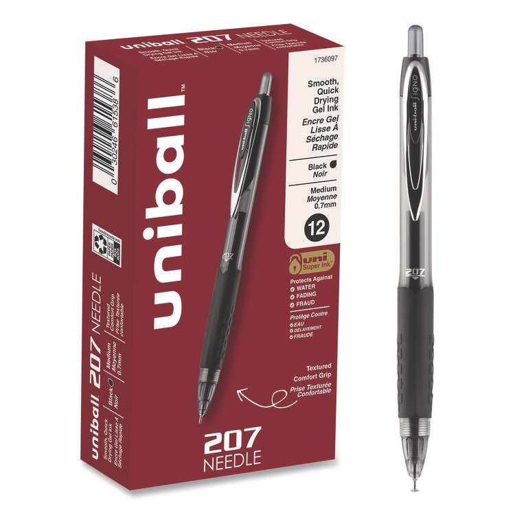 uniball Signo 207 Needle Point Gel Pen, Retractable, Medium 0.7 mm, Black Ink, Clear/Black Barrel, Dozen (UBC1736097)