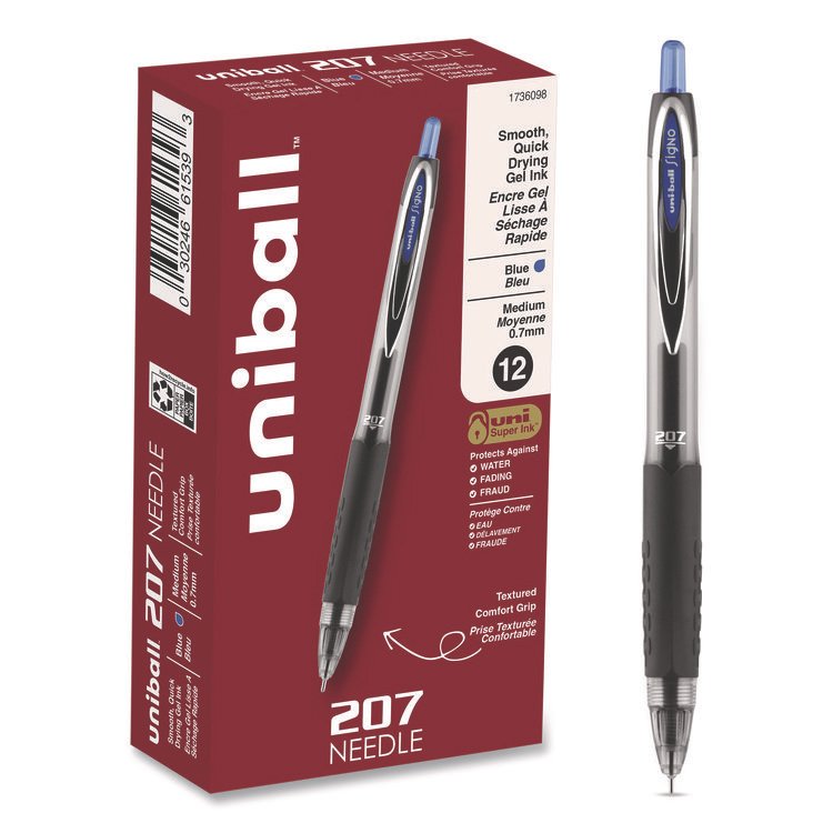 uniball Signo 207 Needle Point Gel Pen, Retractable, Medium 0.7 mm, Blue Ink, Clear/Black/Blue Barrel, Dozen (UBC1736098)