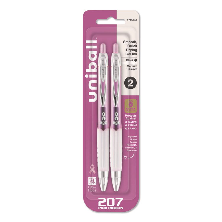 uniball Signo 207 Breast Cancer Awareness Gel Pen, Retractable, Medium 0.7 mm, Black Ink, Translucent Pink/White Barrel, 2/Pack (UBC1745148)
