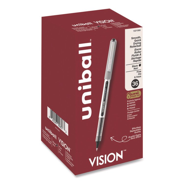 uniball VISION Rollerball Pen, Stick, Fine 0.7 mm, Black Ink, Silver/Black/Clear Barrel, 36/Pack (UBC1921066)