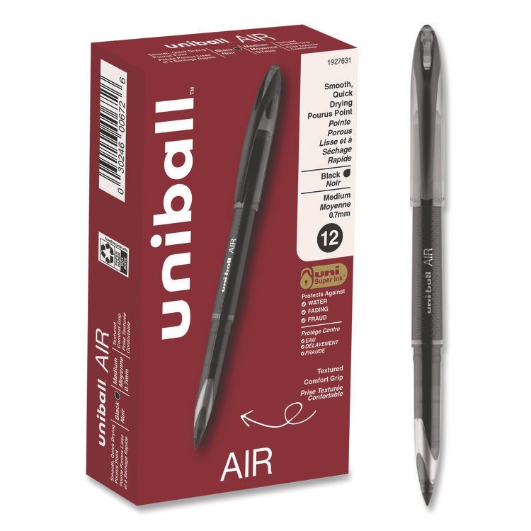 uniball AIR Porous Rollerball Pen, Stick, Medium 0.7 mm, Black Ink, Black Barrel, Dozen (UBC1927631)
