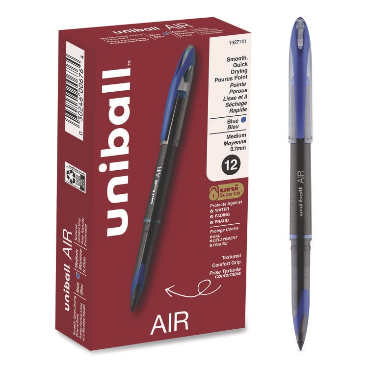 uniball AIR Porous Rollerball Pen, Stick, Medium 0.7 mm, Blue Ink, Black/Blue Barrel, Dozen (UBC1927701)