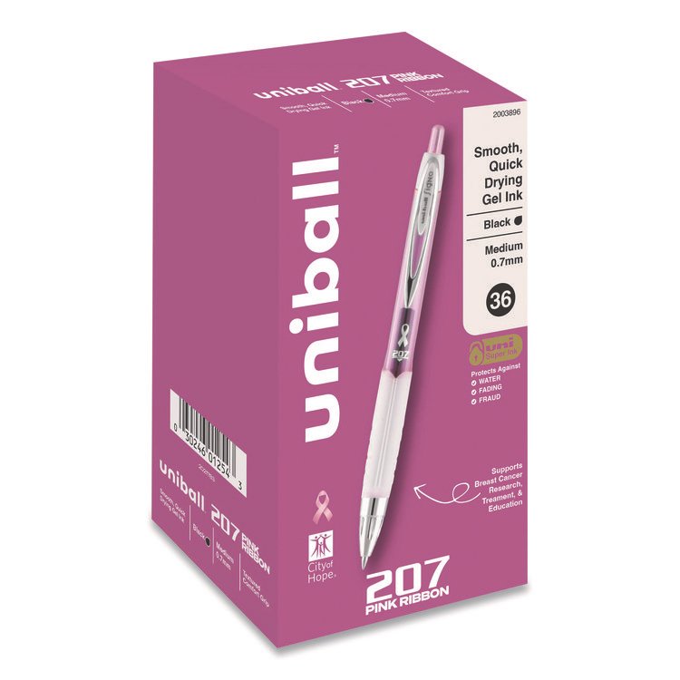 uniball 207 Breast Cancer Awareness Gel Pen Office Pack, Retractable, Medium 0.7mm, Black Ink, Translucent Pink/White Barrel, 36/Pack (UBC2003896)