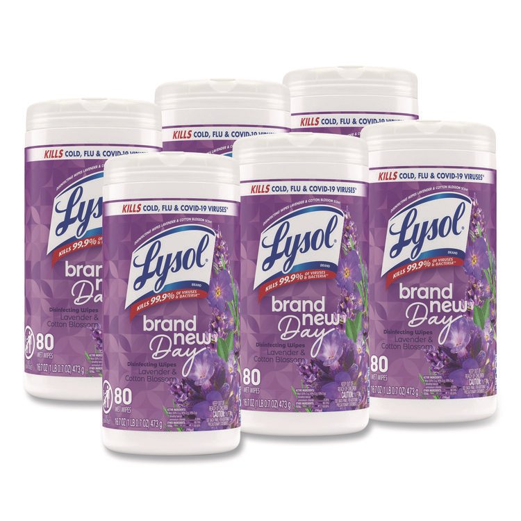 LYSOL Brand Disinfecting Wipes, 1-Ply, 7 x 7.25, Lavender and Cotton Blossom, White, 80 Wipes/Canister, 6 Canisters/Carton (RAC56264CT)