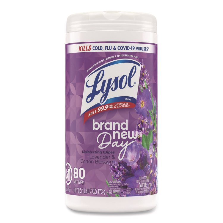 LYSOL Brand Disinfecting Wipes, 1-Ply, 7 x 7.25, Lavender and Cotton Blossom, White, 80 Wipes/Canister (RAC56264EA)