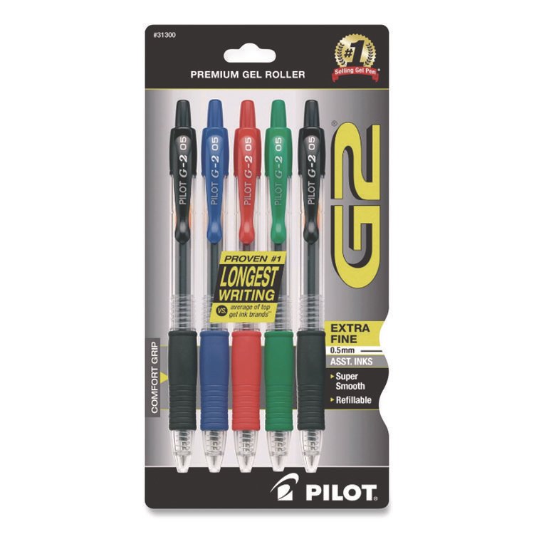 Pilot G2 Premium Gel Pen, Retractable, Extra-Fine 0.5 mm, Assorted Ink and Barrel Colors, 5/Pack (PIL31300)