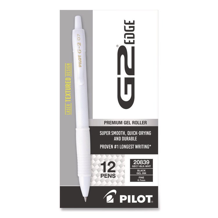 Pilot G2 Edge Premium Gel Roller Pen, Retractable, Fine 0.7 mm, Black Ink, White Barrel, Dozen (PIL20839)