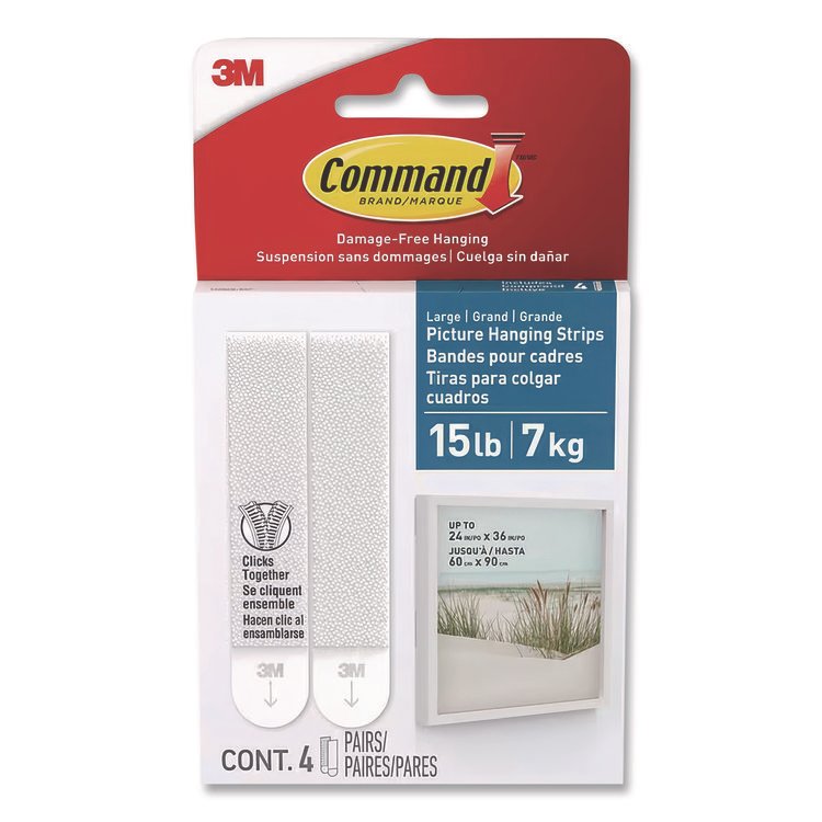 Command Bath Picture Hanging Strips, Large, Removable, Holds Up to 4 lbs per Pair, 0.75 x 3.65, White, 4 Pairs/Pack (MMM17206BES)