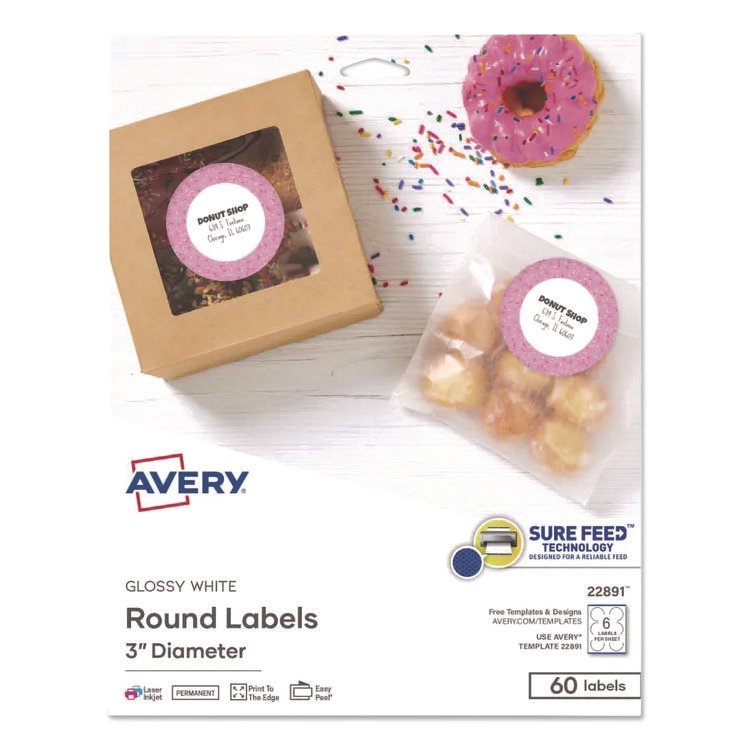 Avery Sure Feed Glossy Labels, 3" dia, White, 8 Labels/Sheet, 10 Sheets Pack (AVE22891)
