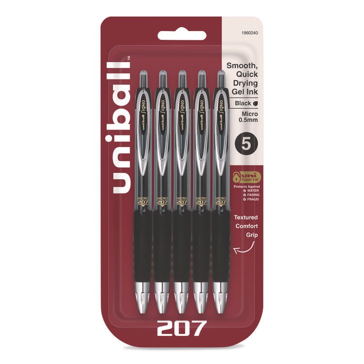 uniball Signo 207 Gel Pen, Retractable, Fine 0.5 mm, Black Ink, Smoke/Black Barrel, 5/Pack (UBC1960240)
