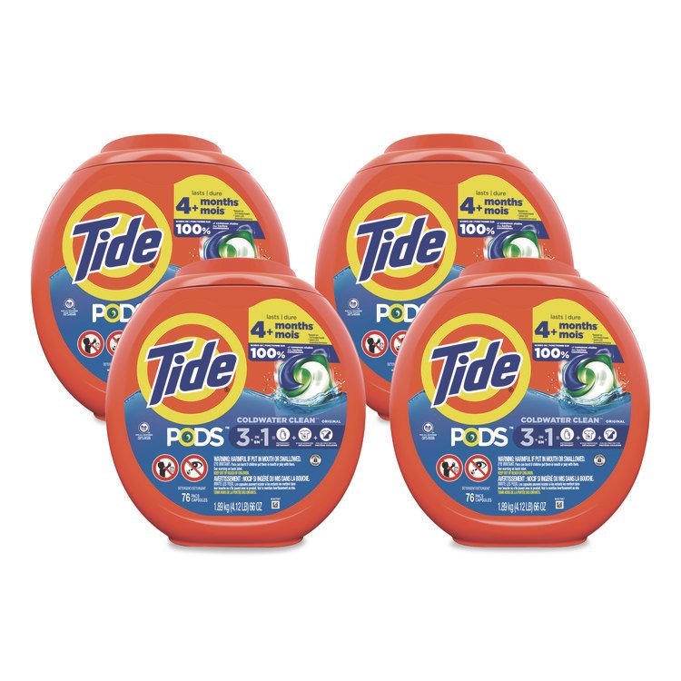 Tide PODS Laundry Detergent, HE Compatible, Coldwater Clean Original, 66 oz Tub, 76 Pods/Tub, 4 Tubs/Carton (PGC09165CT)