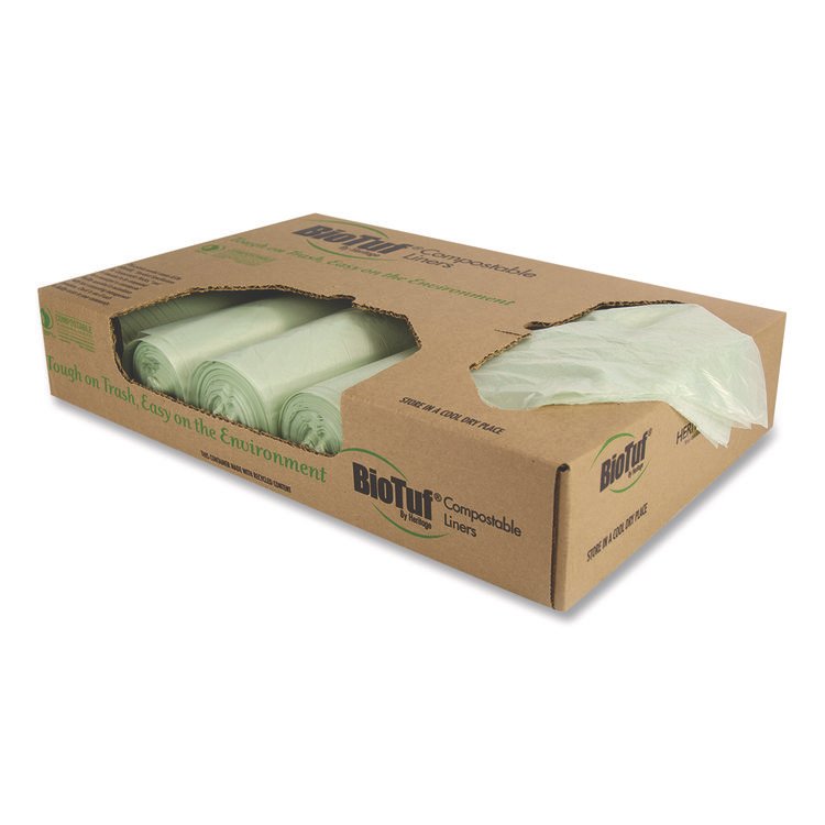 Heritage Biotuf Compostable Can Liners, 64 gal, 1 mil, 47" x 60", Green, 20 Bags/Roll, 5 Rolls/Carton (HERY9460YER01)