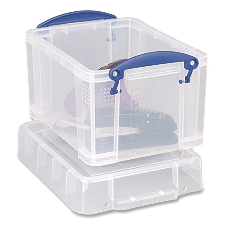 Really Useful Box Snap-Lid Storage Bin, 101.12 oz, 7.06" x 9.62" x 6.25", Clear Box/Blue Handle (RUA3C)
