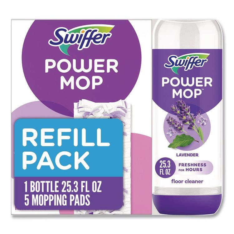 Swiffer PowerMop Cleaning Solution and Pads Refill Pack, Lavender, 25.3 oz Bottle and 5 Pads per Pack, 4 Packs/Carton (PGC09117)