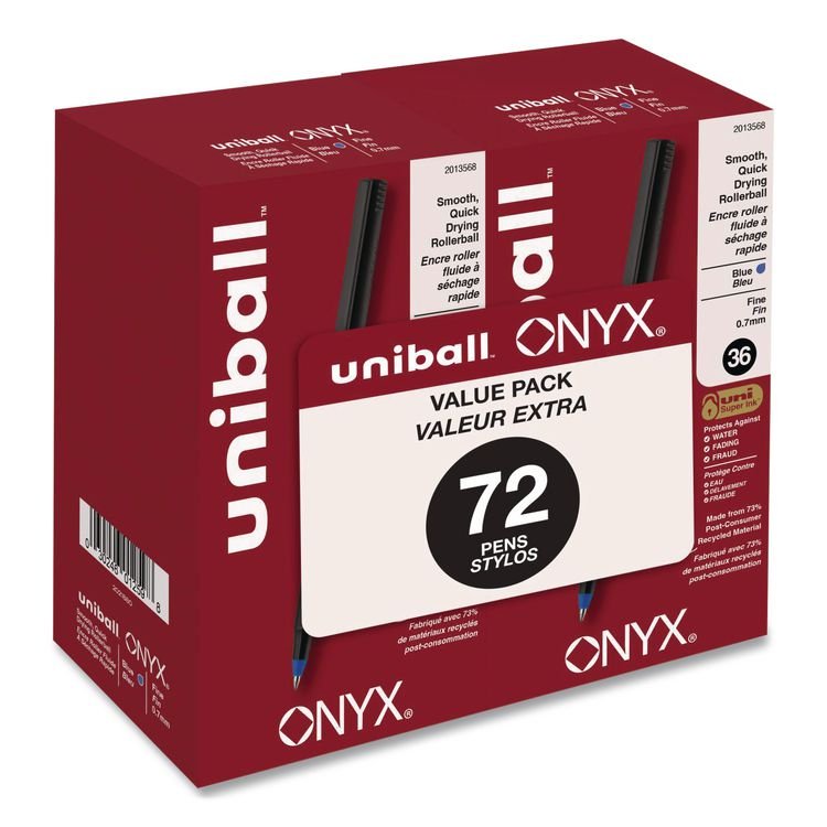 uniball ONYX Rollerball Pen, Stick, Fine 0.7 mm, Blue Ink, Black/Blue Barrel, 72/Pack (UBC2013568)