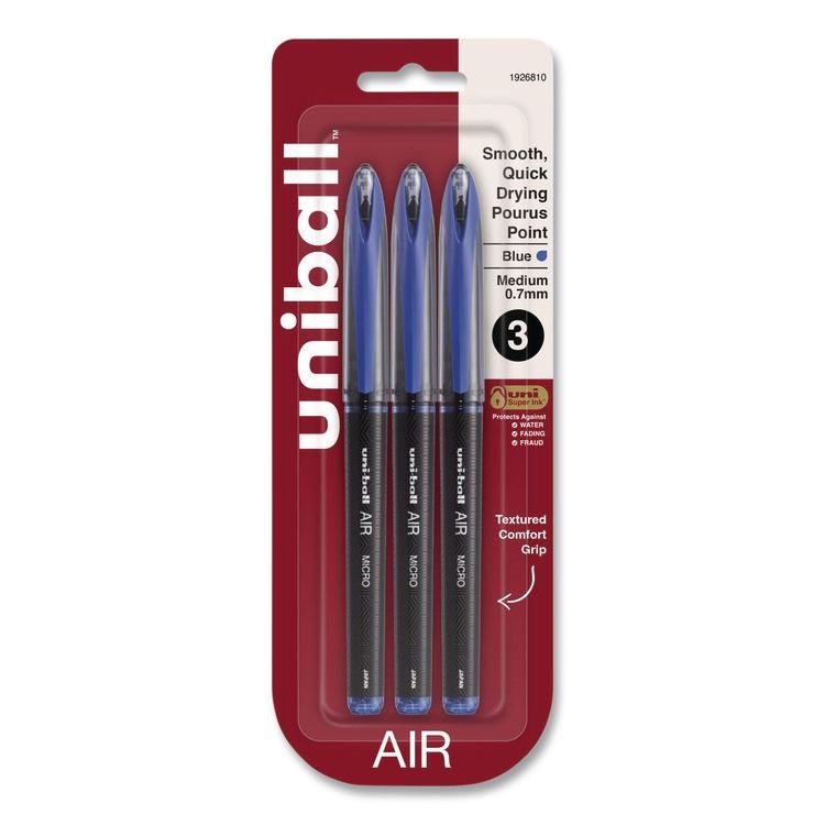 uniball AIR Porous Gel Pen, Stick, Medium 0.7 mm, Blue Ink, Black/Blue Barrel, 3/Pack (UBC1926810)