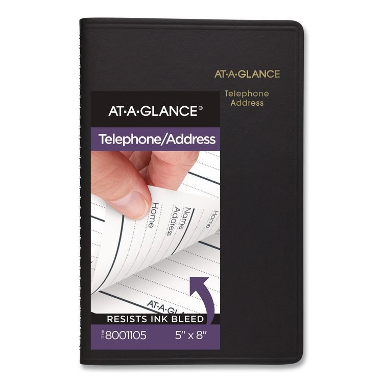 AT-A-GLANCE Telephone/Address Book, 4.78 x 8, Black Simulated Leather, 100 Sheets (AAG8001105)