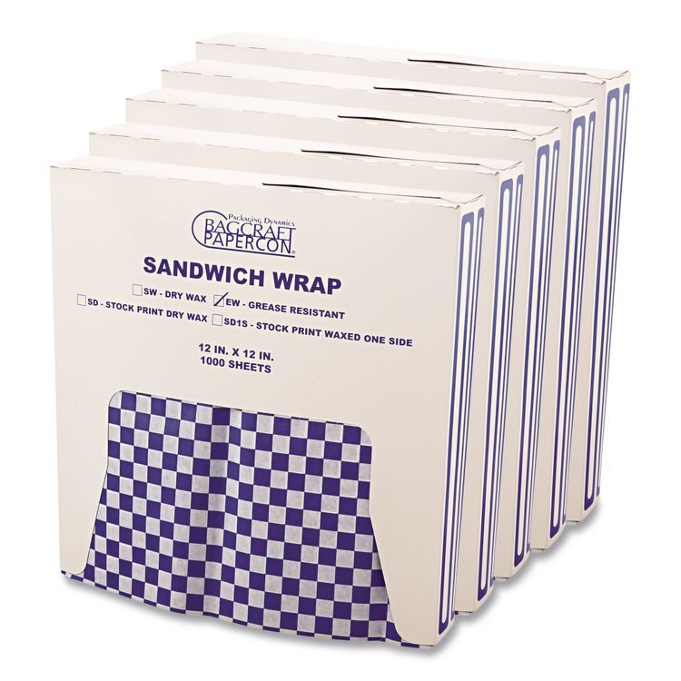Bagcraft Grease-Resistant Paper Wraps and Liners, 12 x 12, Blue Check, 1,000/Box, 5 Boxes/Carton (BGC057850)
