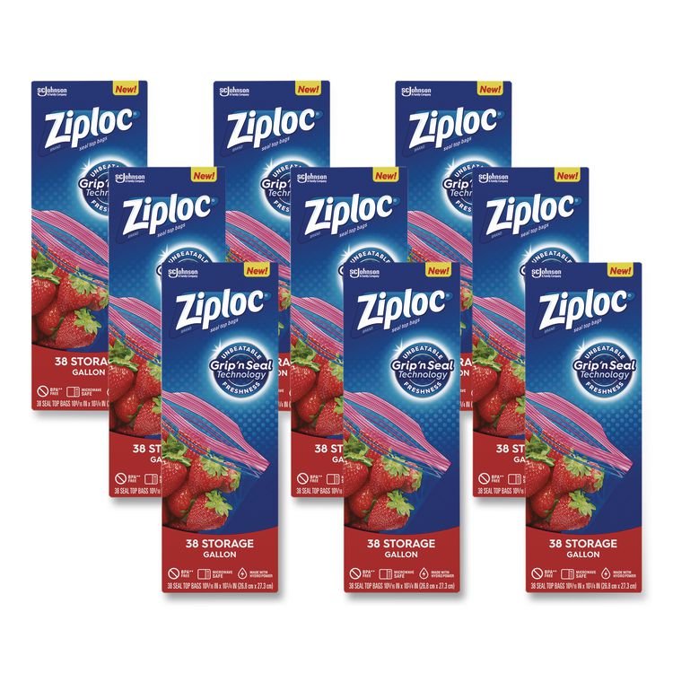 Ziploc Double Zipper Storage Bags, Triple System Seal, Gallon, 10.56" x 10.75", Clear, 38 Bags/Box, 9 Boxes/Carton (SJN383233)