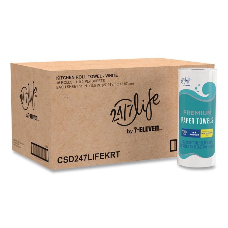 7-ELEVEN Premium Kitchen Roll Towels, 2-Ply, 11 x 5.5, White, 110 Sheets/Roll, 15 Rolls/Carton (CSD247LIFEKRT)
