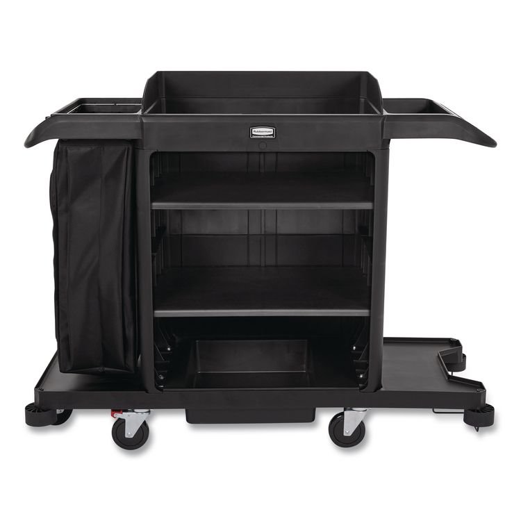 Rubbermaid Commercial Full-Size Housekeeping Cart, Plastic, 3 Shelves, 1 Bin, 24.4 x 62.4 x 49, Black (RCP2202581)