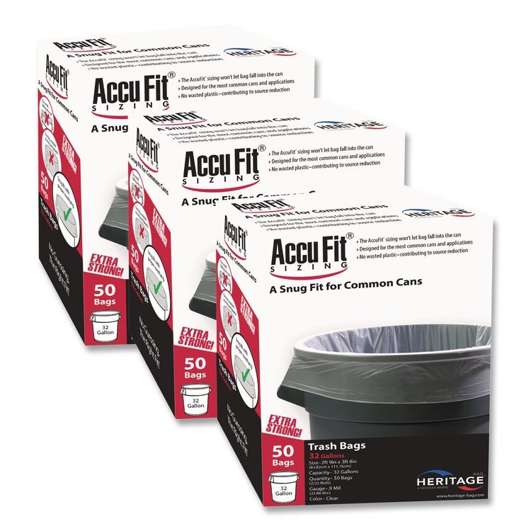 AccuFit Linear Low Density Can Liners with AccuFit Sizing, 55 gal, 0.9 mil, 40" x 53", Clear, 50 Bags/Box, 3 Boxes/Carton (HERH8053TCRC1CT)