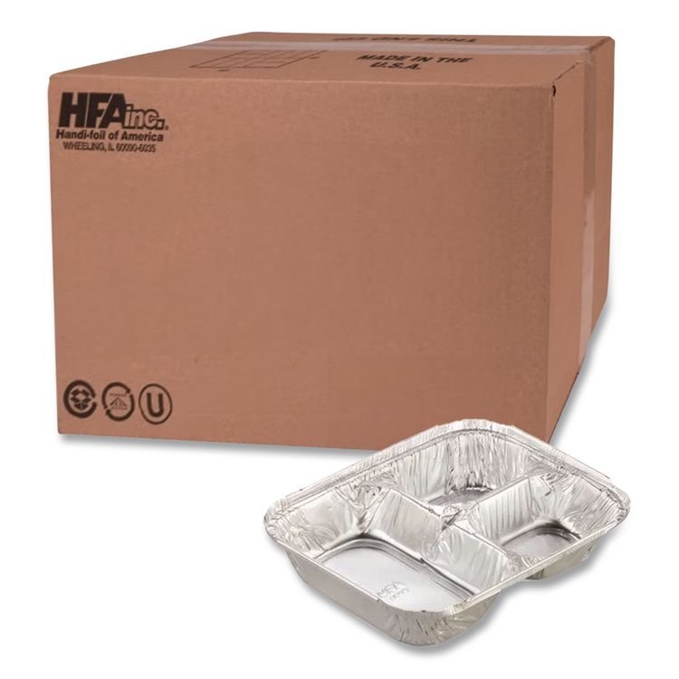 HFA Aluminum Oblong Container with Lid, 3 Compartments, 24 oz, 8.5 x 6.38 x 1.47, Silver, 500/Carton (HFA204535)