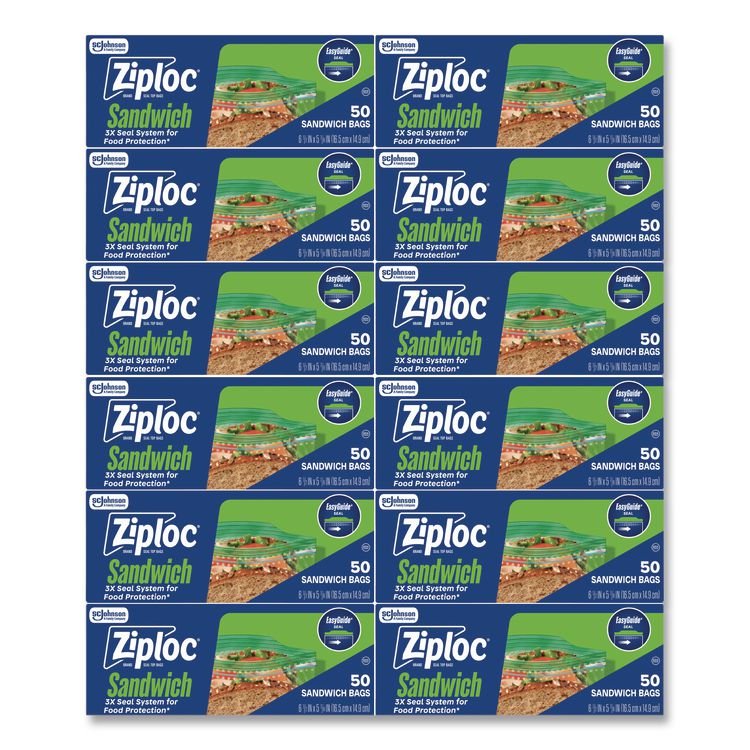 Ziploc Resealable Sandwich Bags, 6.5" x 5.88", Clear, 50 Bags/Box, 12 Boxes/Carton (SJN383179)