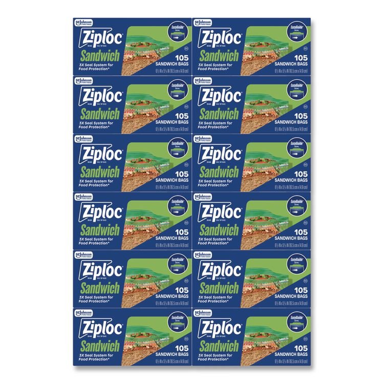 Ziploc Resealable Sandwich Bags, 6.5" x 5.88", Clear, 105 Bags/Box, 12 Boxes/Carton (SJN383211)