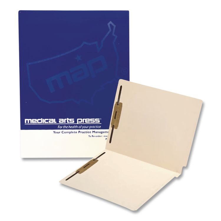 Medical Arts Press Heavy-Duty Mylar-Reinforced End Tab Fastener Folders, 0.75" Expansion, 2 Fasteners, Letter Size, Manila Exterior, 50/Box (MAQ52371)