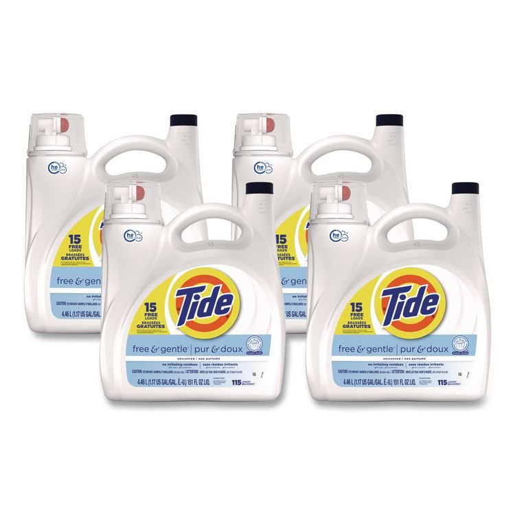 Tide Free and Gentle Liquid Laundry Detergent, HE Compatible, 115 Loads, 151 oz Bottle, 4/Carton (PGC12140)
