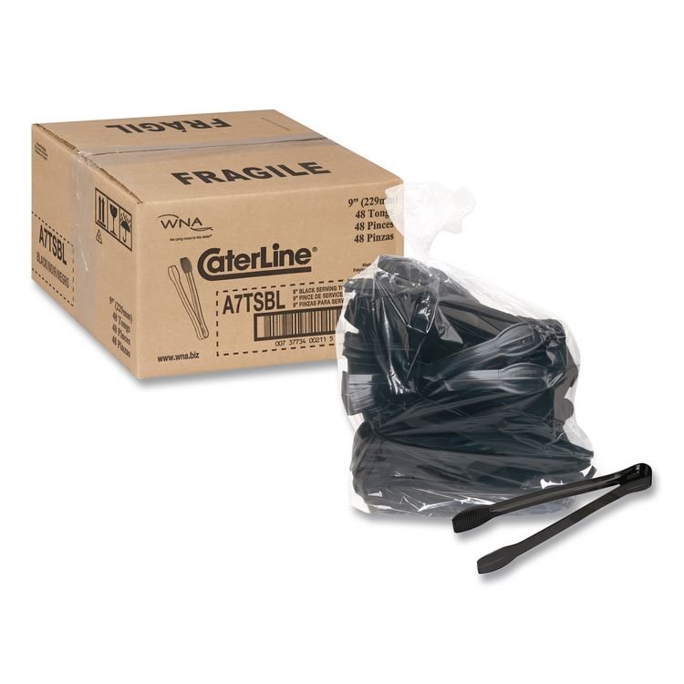WNA Caterline Tongs, Plastic, 9", Black, 48/Carton (WNAA7TSBL)