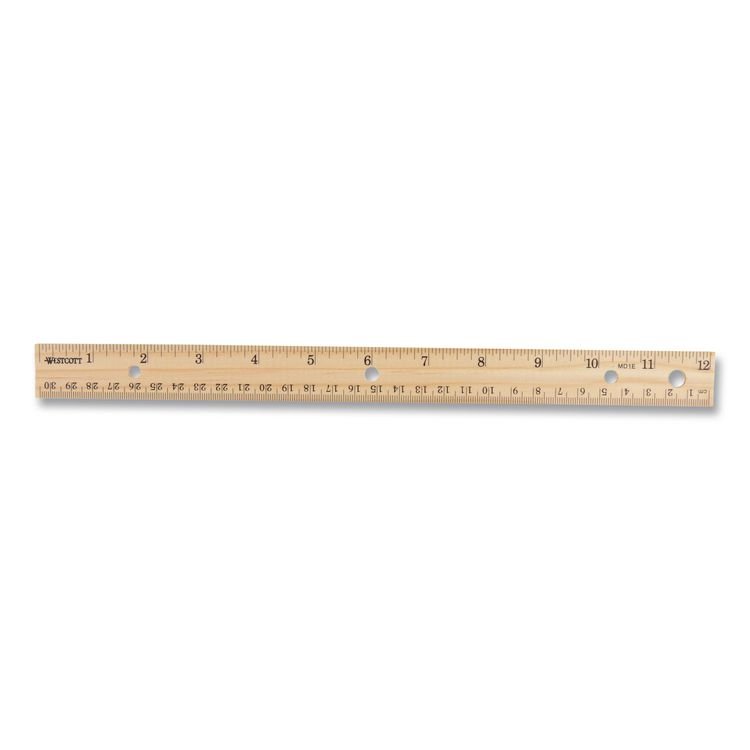 Westcott Three-Hole Punched Wood Ruler English and Metric With Metal Edge, 12" Long (ACM10702)