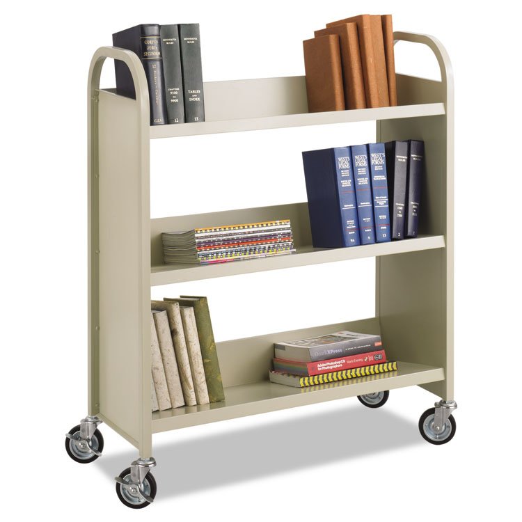 Safco Steel Single-Sided Book Cart, Metal, 3 Shelves, 300 lb Capacity, 36" x 14.5" x 43.5", Sand (SAF5358SA)