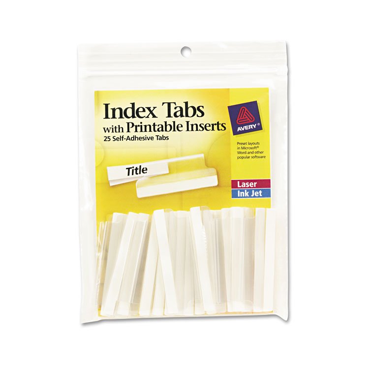 Avery Insertable Index Tabs with Printable Inserts, 1/5-Cut, Clear, 2" Wide, 25/Pack (AVE16241)