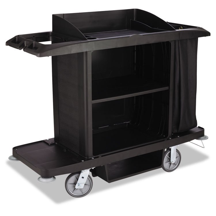 Rubbermaid Commercial Housekeeping Cart, Plastic, 3 Shelves, 2 Bins, 22" x 60" x 50", Black (RCPFG618900BLA)
