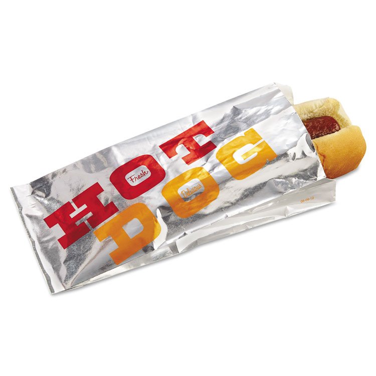 Bagcraft Foil Single-Serve Bags, Hot Dog Labeling, 3.5" x 1.5" x 8.5", Silver/Red/Orange, 1,000/Carton (BGC300455)