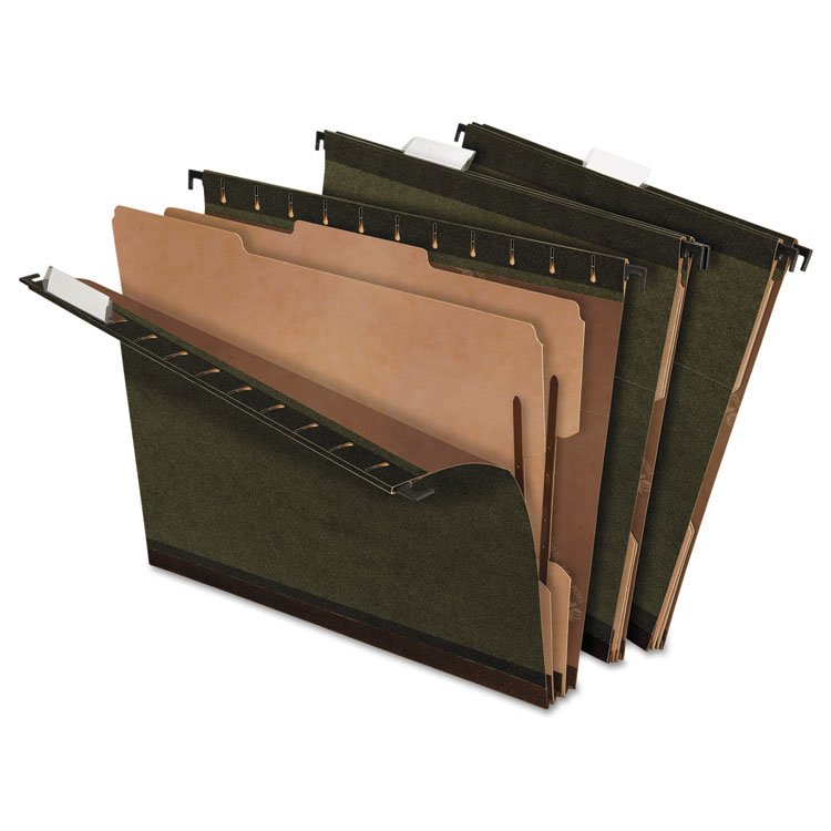 Pendaflex SureHook Reinforced Hanging Divider Folders, 2" Expansion, 2 Dividers, 4 Fasteners, Letter Size, Green Exterior, 10/Box (PFX59254)