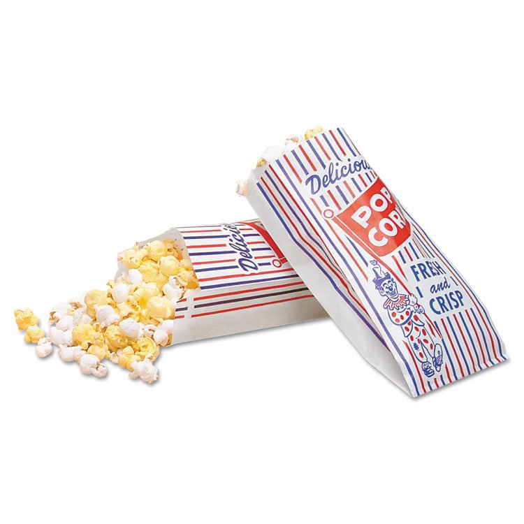 Bagcraft Pinch-Bottom Paper Popcorn Bag, Delicious Popcorn: Circus Clown Icon Labeling, 4" x 1.5" x 8", Red/White/Blue, 1,000/Carton (BGC300471)