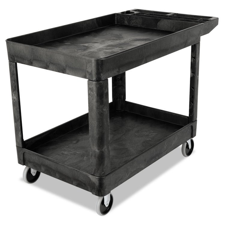 Rubbermaid Commercial Heavy-Duty Utility Cart with Lipped Shelves, Plastic, 2 Shelves, 500 lb Capacity, 25.78" x 45.25" x 33.25", Black (RCP452089BLA)