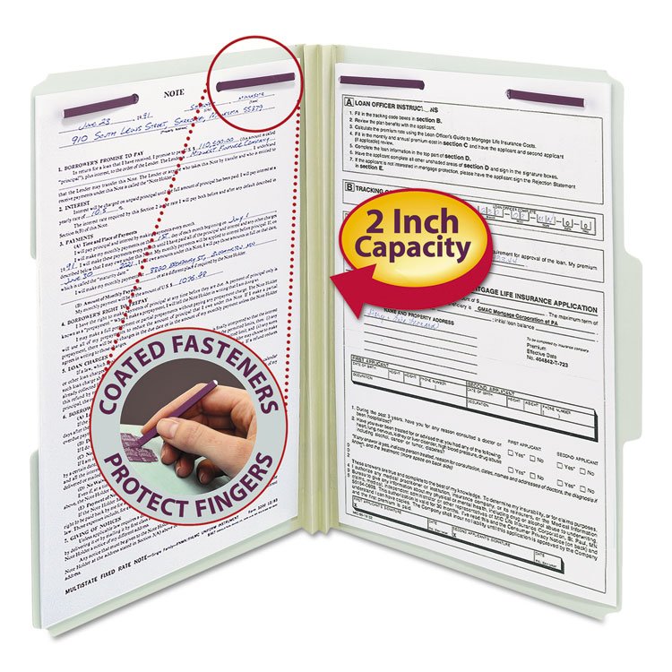 Smead Recycled Pressboard Fastener Folders, 1/3-Cut Tabs, Two SafeSHIELD Fasteners, 2" Expansion, Legal Size, Gray-Green, 25/Box (SMD19934)